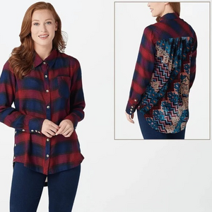 Tolani Collection Plaid Top Shirt Printed Velvet Back Navy Red Long Sleeve S NWT